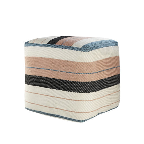 A white polyester striped pouf ottoman with pink, black, and blue stripes on a white background.