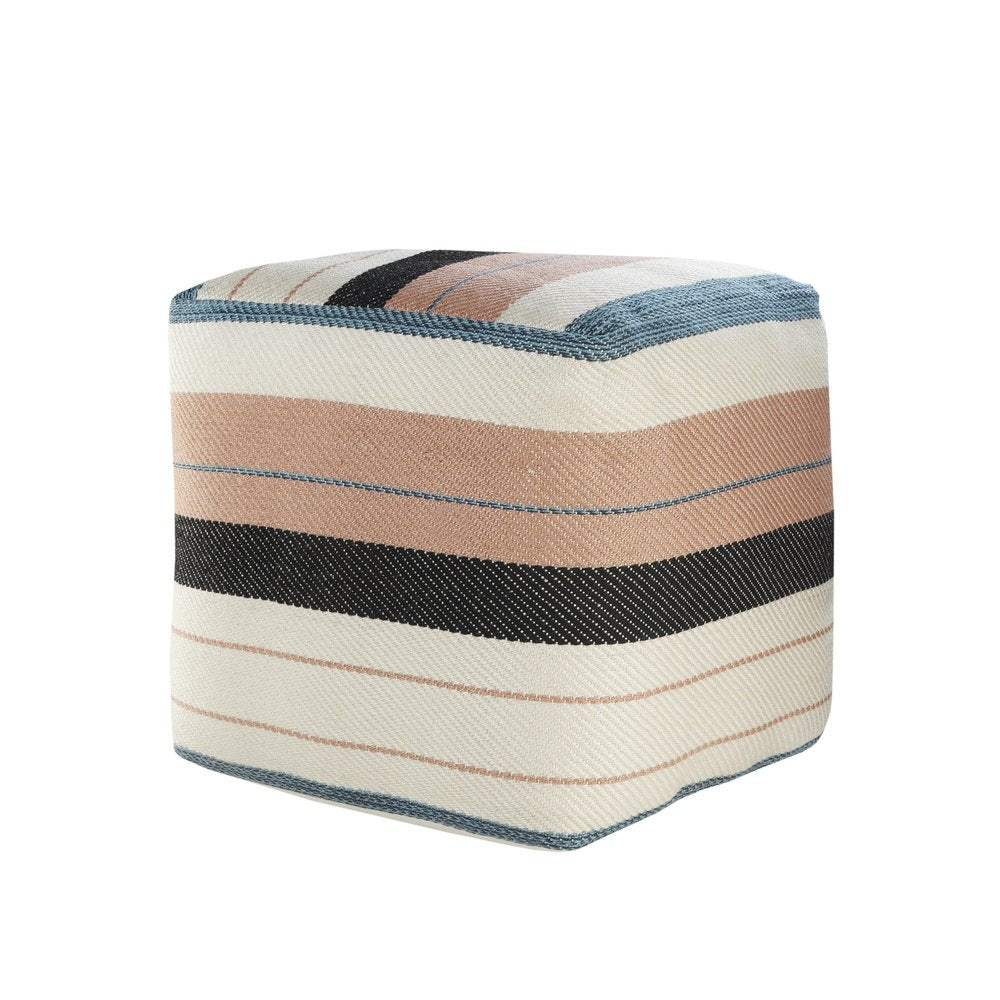 20" White Polyester Striped Indoor Outdoor Pouf Ottoman. Outdoor ottoman isolated on a plain white background, finished in white fabric.