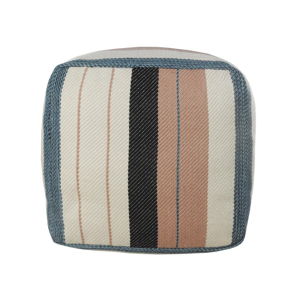 20" White Polyester Striped Indoor Outdoor Pouf Ottoman. Outdoor ottoman isolated on a plain white background, in a white fabric finish.