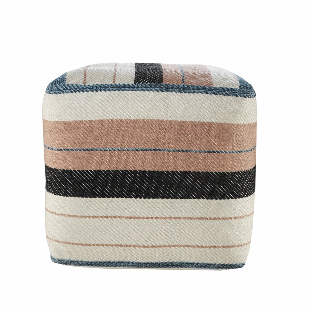 20" White Polyester Striped Indoor Outdoor Pouf Ottoman. Outdoor ottoman isolated on a plain white background, finished in white fabric.