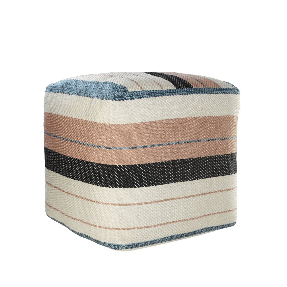 20" White Polyester Striped Indoor Outdoor Pouf Ottoman. Outdoor ottoman isolated on a plain white background, in a white fabric finish.