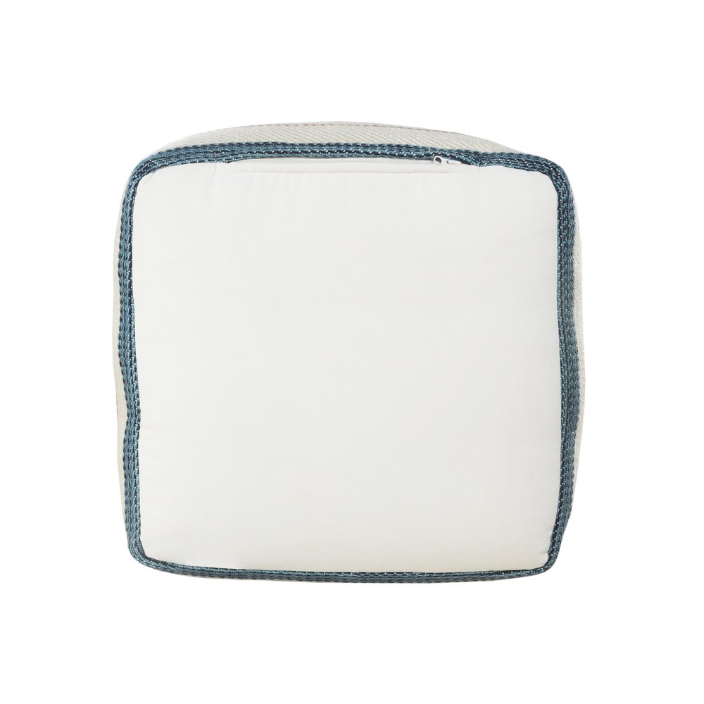 20" White Polyester Striped Indoor Outdoor Pouf Ottoman. Outdoor ottoman isolated on a plain white background, finished in white fabric.