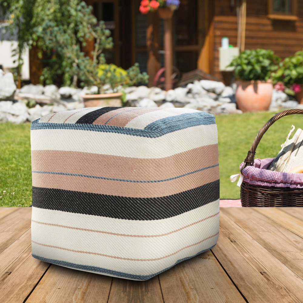 20" White Polyester Striped Indoor Outdoor Pouf Ottoman. Outdoor ottoman in white fabric.