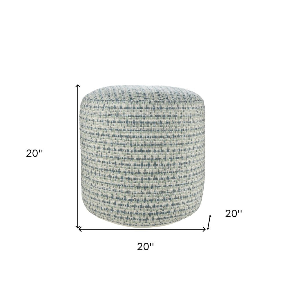 20" Blue Polyester Round Geometric Indoor Outdoor Pouf Ottoman. Outdoor ottoman isolated on a plain white background, showing a fabric surface.