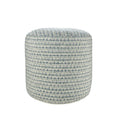 20" Blue Polyester Round Geometric Indoor Outdoor Pouf Ottoman. Outdoor ottoman isolated on a plain white background, showing a fabric surface.
