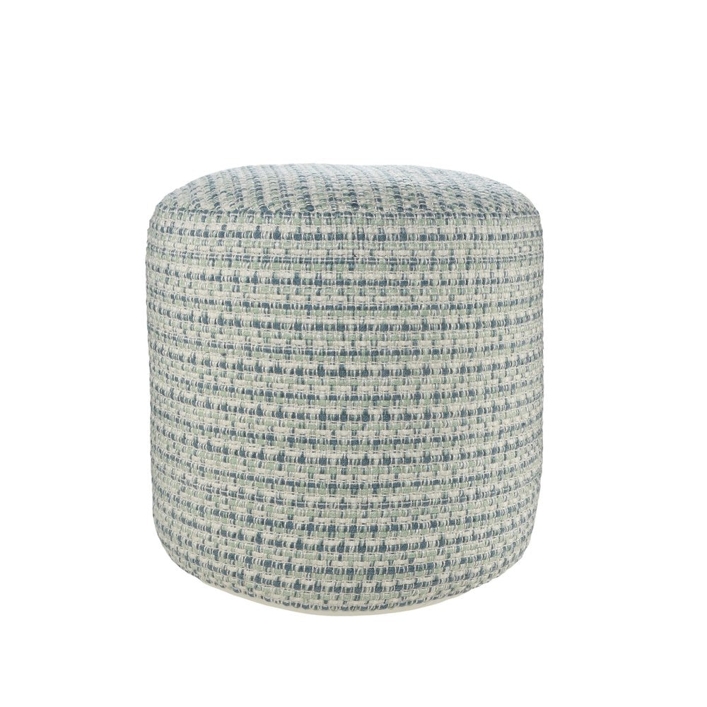20" Blue Polyester Round Geometric Indoor Outdoor Pouf Ottoman. Outdoor ottoman isolated on a plain white background, showing a fabric surface.
