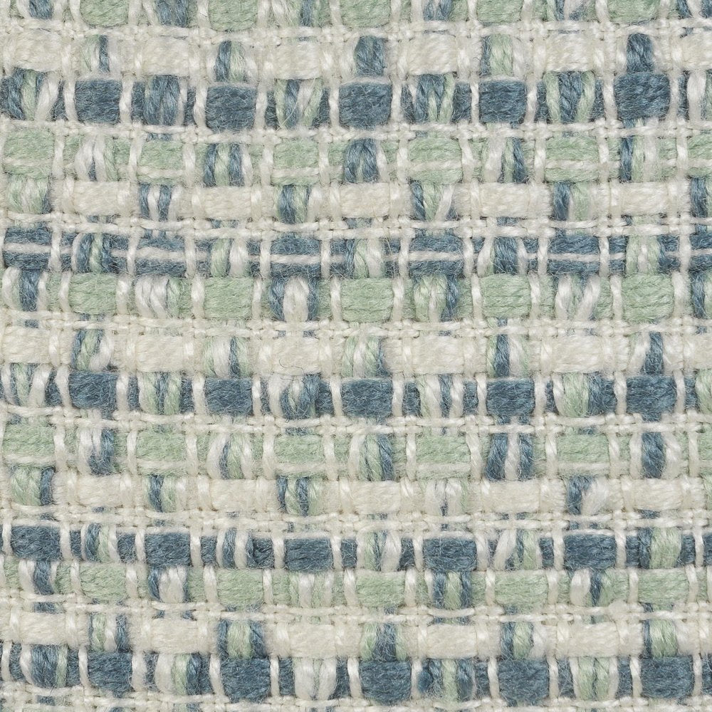 Close-up of 20" Blue Polyester Round Geometric Indoor Outdoor Pouf Ottoman showing the fabric texture.
