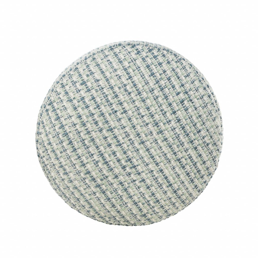20" Blue Polyester Round Geometric Indoor Outdoor Pouf Ottoman. Outdoor ottoman isolated on a plain white background, showing a fabric surface.