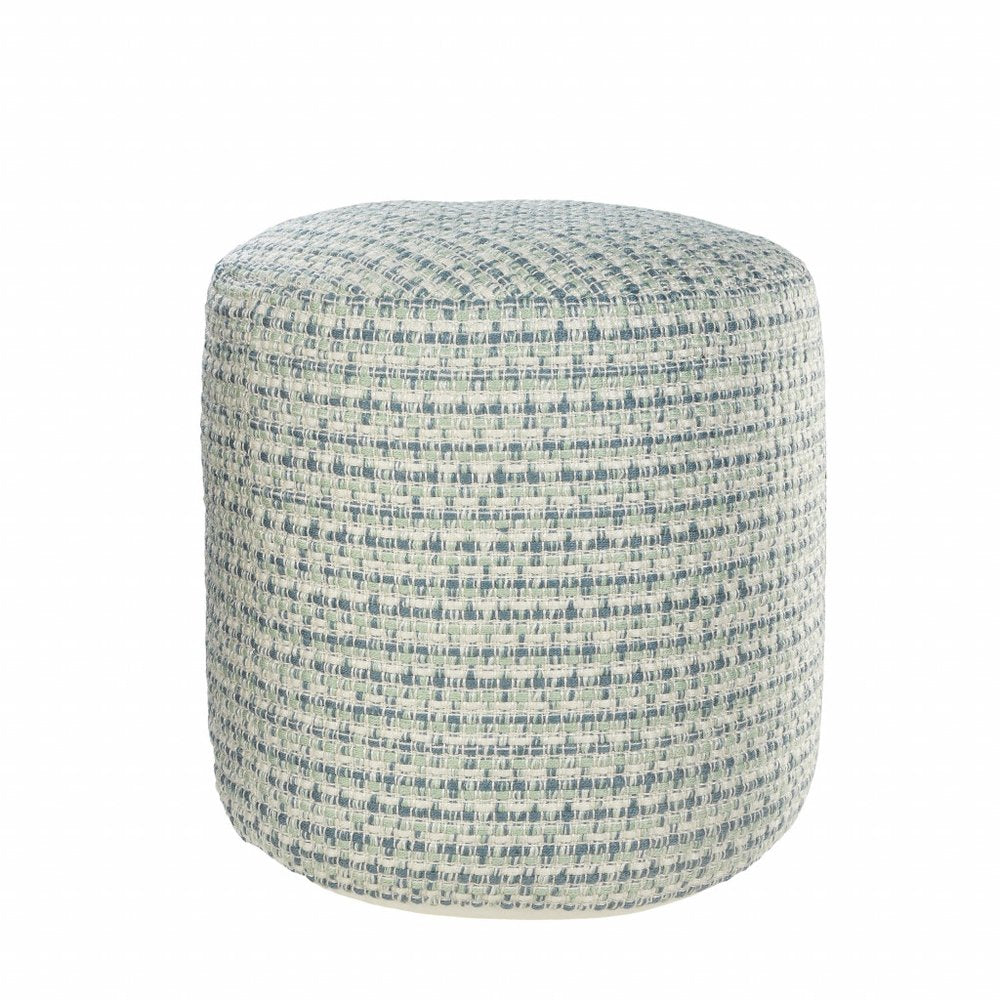 20" Blue Polyester Round Geometric Indoor Outdoor Pouf Ottoman. Outdoor ottoman isolated on a plain white background, showing a fabric surface.