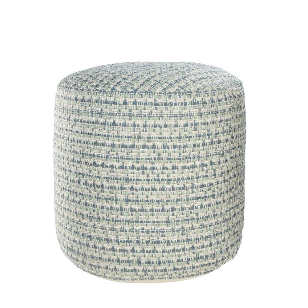 20" Blue Polyester Round Geometric Indoor Outdoor Pouf Ottoman. Outdoor ottoman isolated on a plain white background, showing a fabric surface.