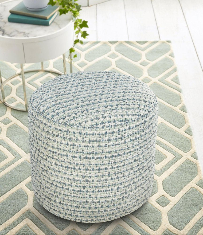 Cropped view of 20" Blue Polyester Round Geometric Indoor Outdoor Pouf Ottoman focusing on the fabric surface.
