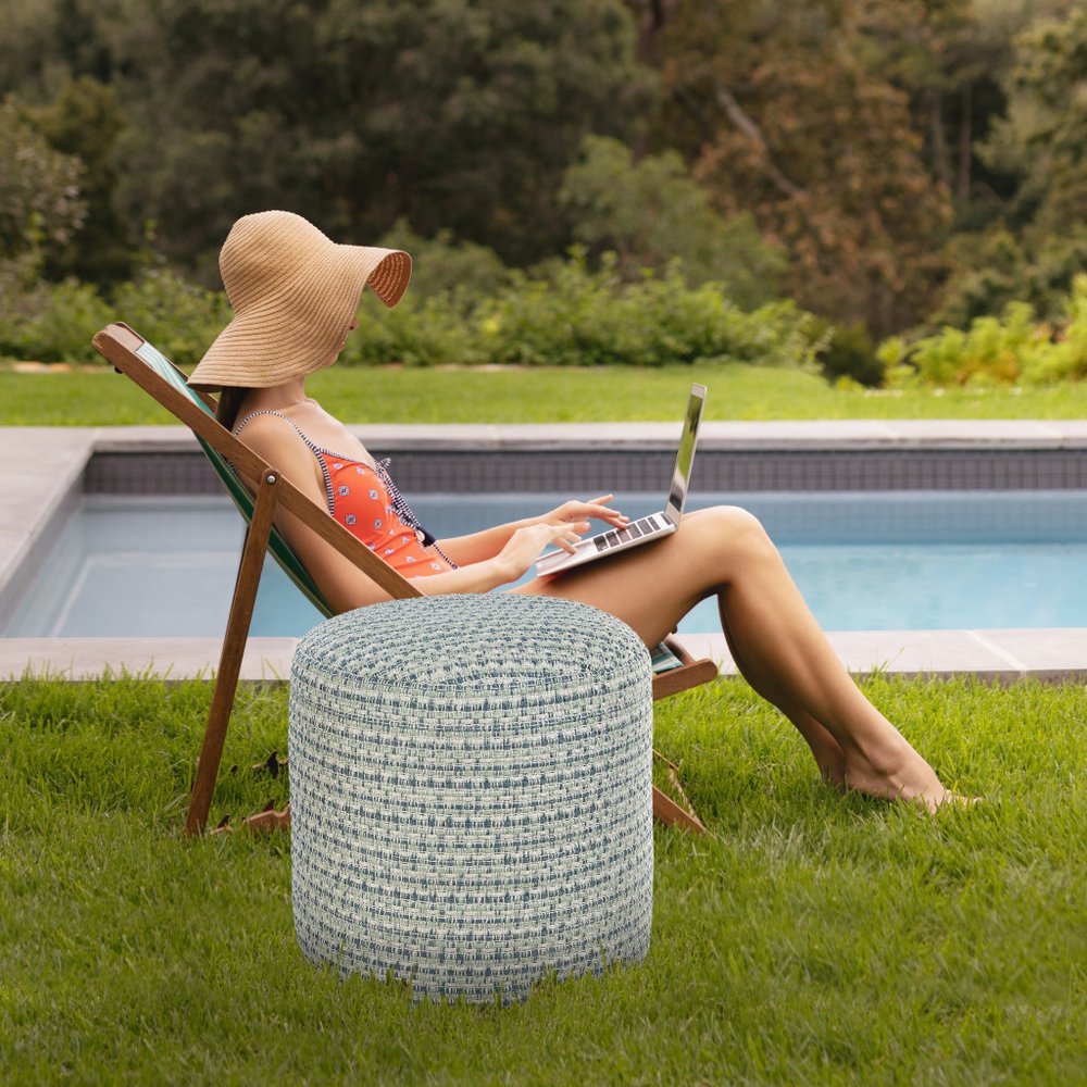 20" Blue Polyester Round Geometric Indoor Outdoor Pouf Ottoman. Outdoor ottoman in green fabric.