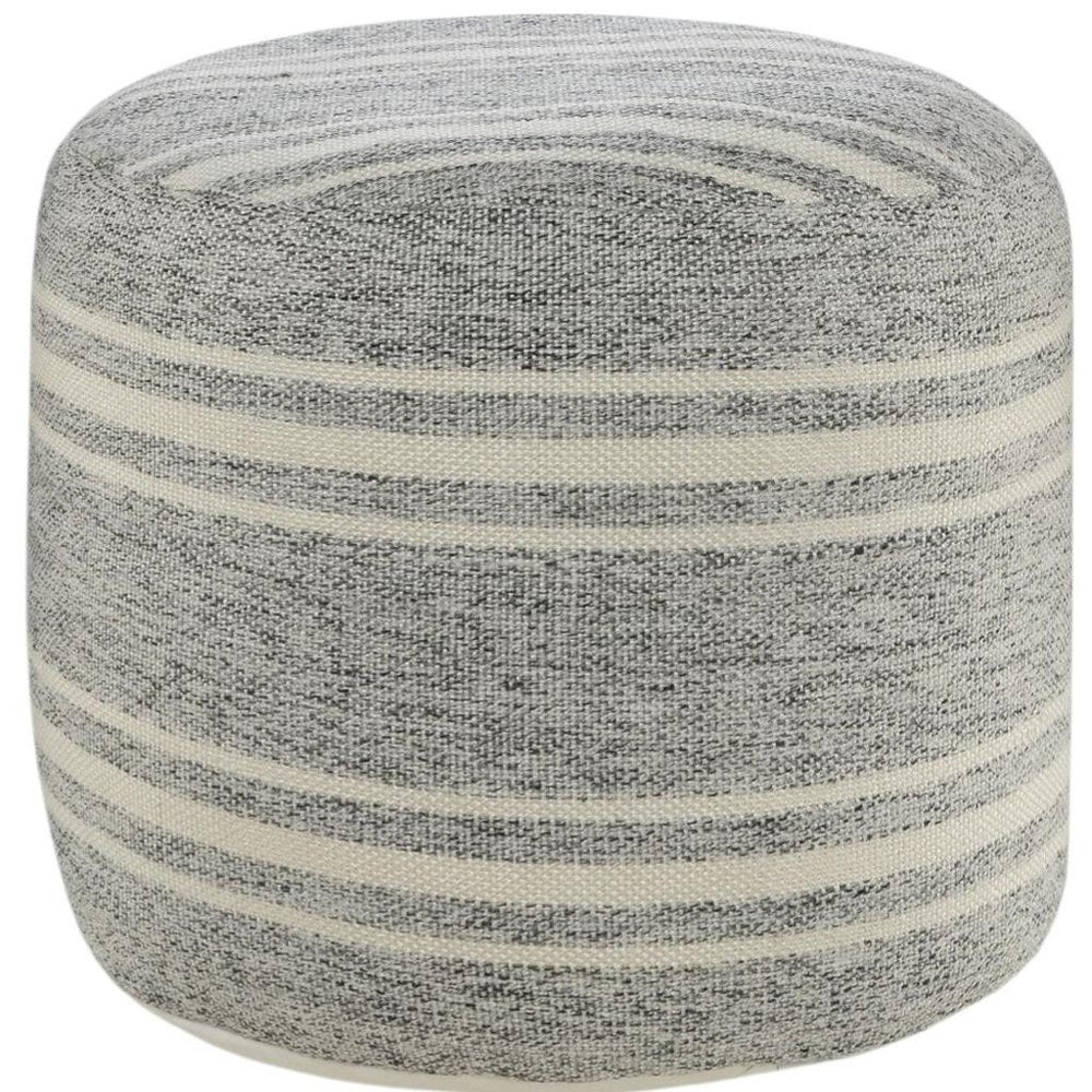 18" Gray Polyester Round Striped Indoor Outdoor Pouf Ottoman. Outdoor ottoman isolated on a plain white background, showing a white fabric surface.