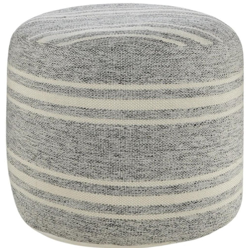 18" Gray Polyester Round Striped Indoor Outdoor Pouf Ottoman