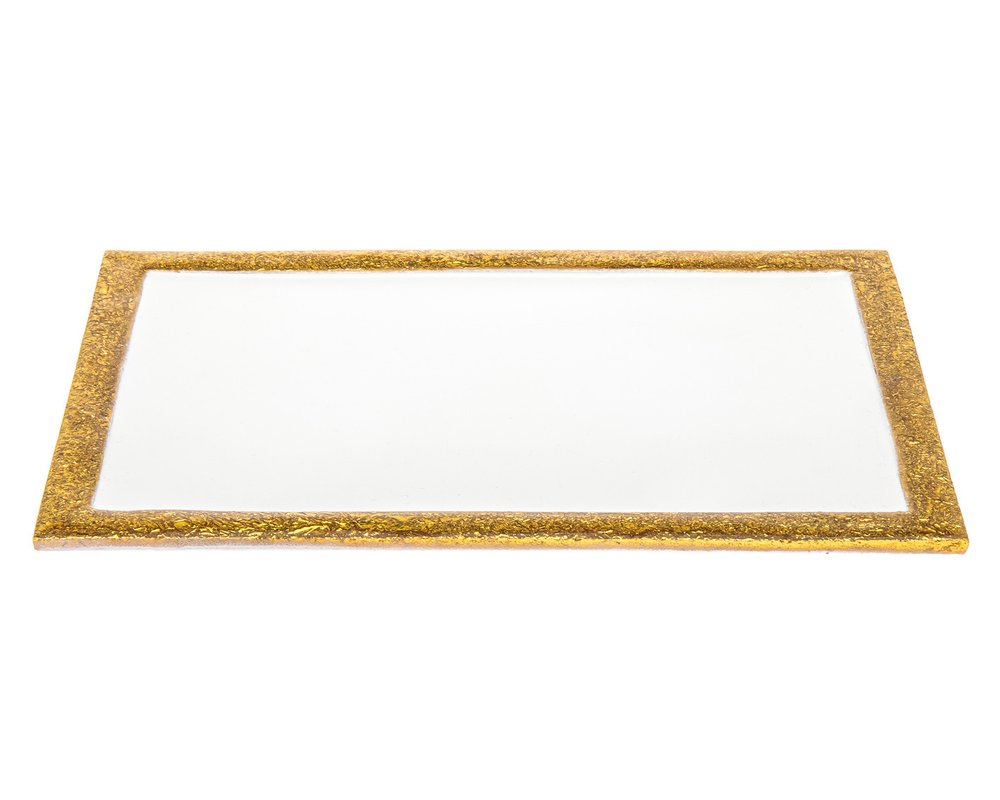 Rectangular white serving tray with a textured gold metal frame on a white background.