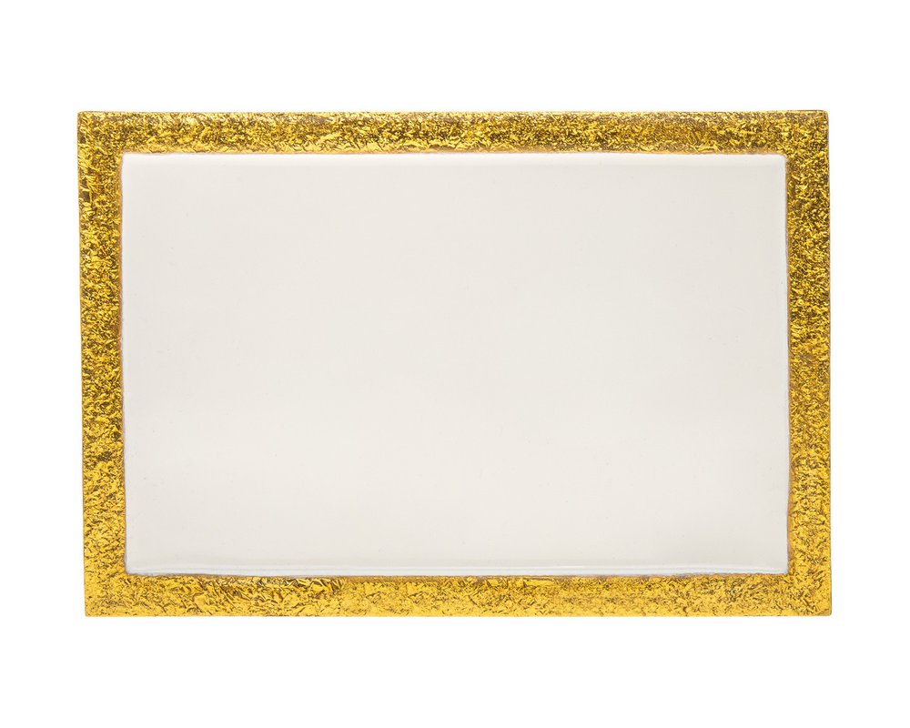 9" Gold and White Rectangular Metal Serving Tray on a white background