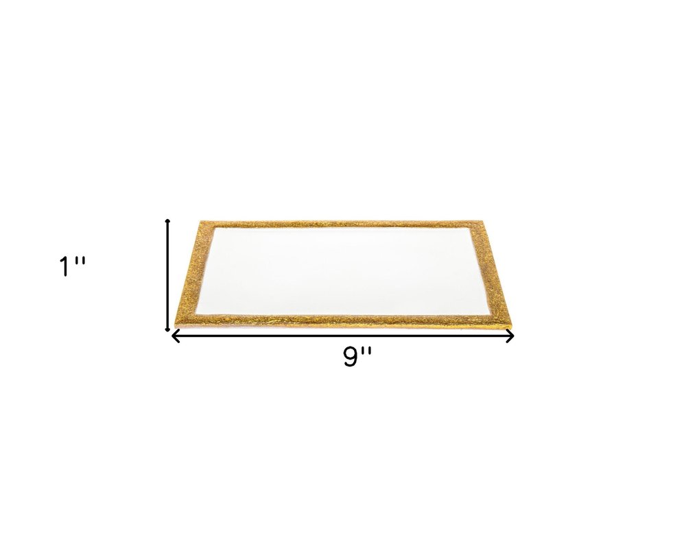 9" Gold and White Rectangular Metal Serving Tray on a white background