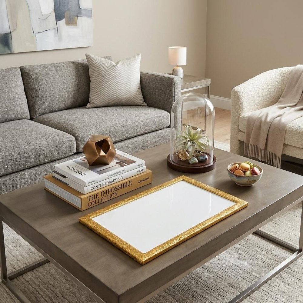 9" Gold and White Rectangular Metal Serving Tray in a home interior