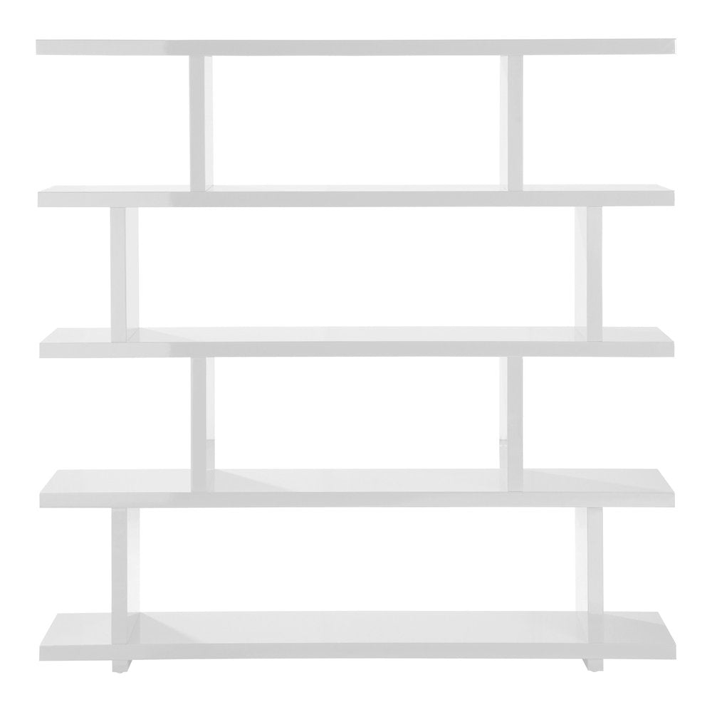 White wood five-tier bookcase with staggered shelves against a white background.