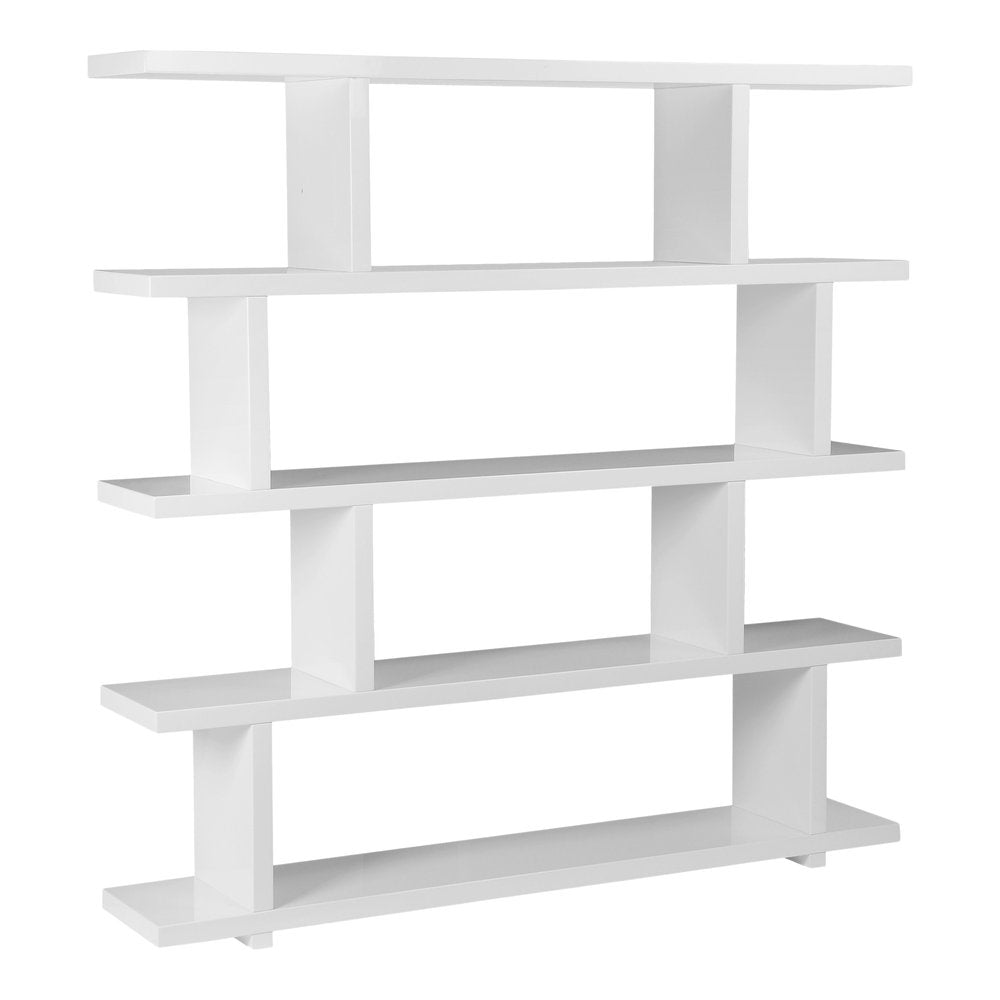 White Wood Five Tier Bookcase on a white background