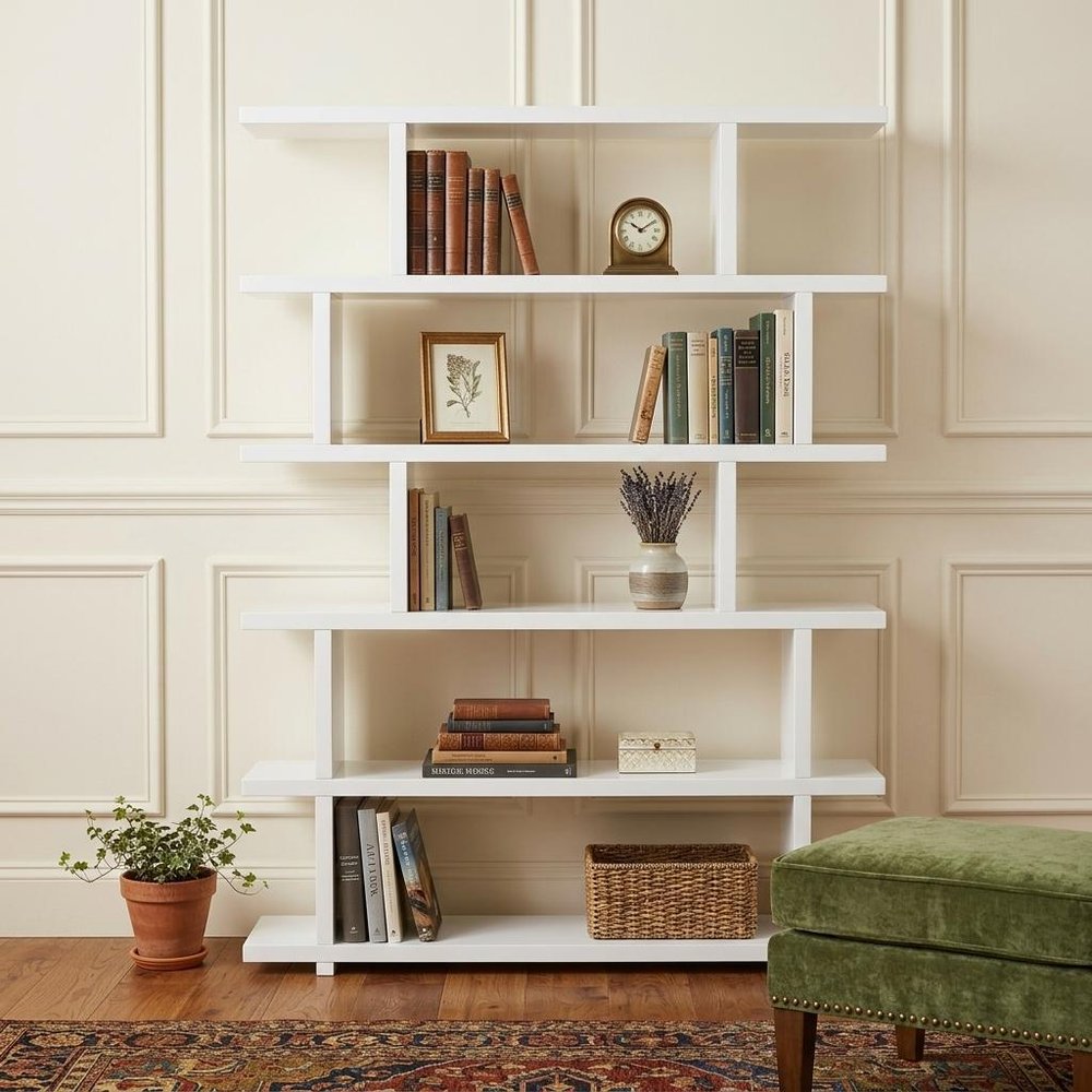 White Wood Five Tier Bookcase in a home interior