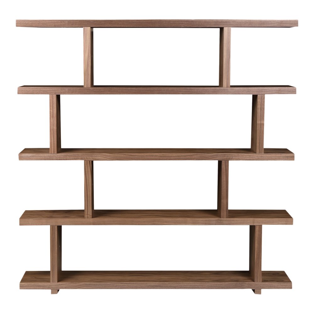Brown And Natural Wood Five Tier Bookcase on a white background