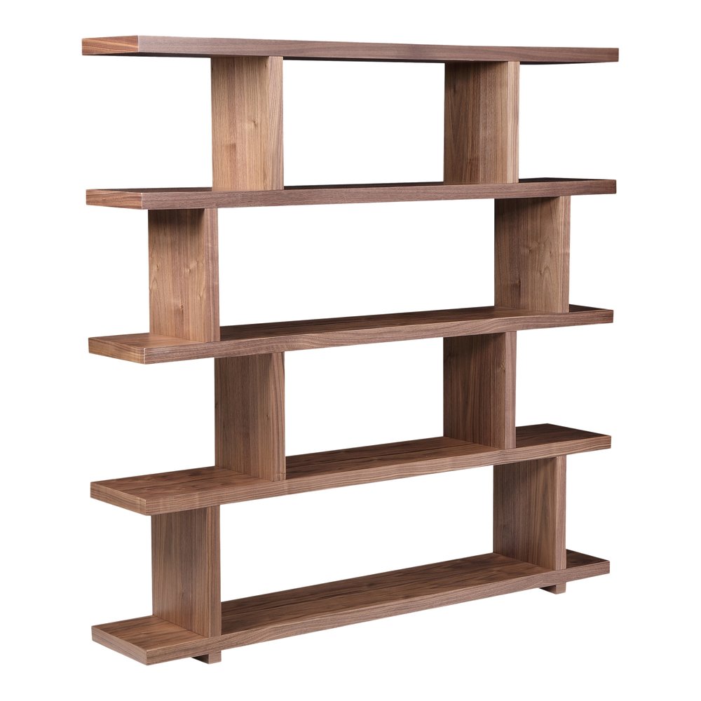 Brown And Natural Wood Five Tier Bookcase on a white background