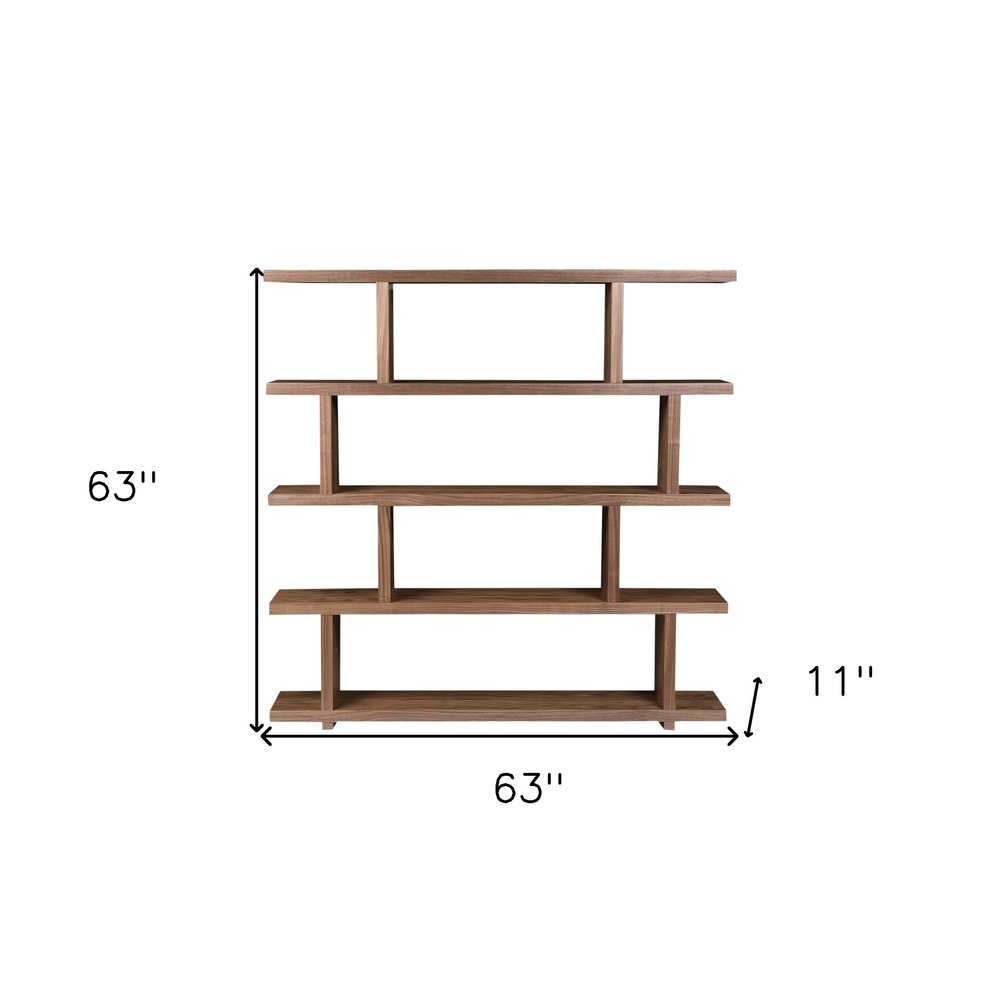 Brown And Natural Wood Five Tier Bookcase on a white background