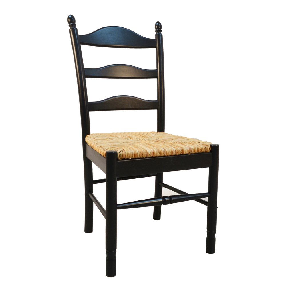 Straw and Black Solid Wood and Rush Ladder Back Dining Side Chair on a white background