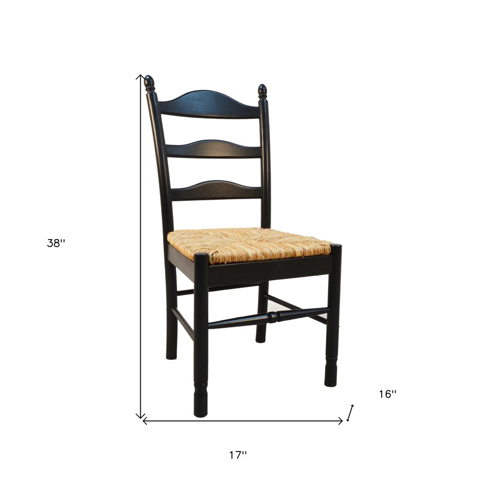 Straw and Black Solid Wood and Rush Ladder Back Dining Side Chair