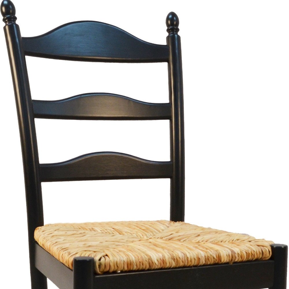 Straw and Black Solid Wood and Rush Ladder Back Dining Side Chair on a white background