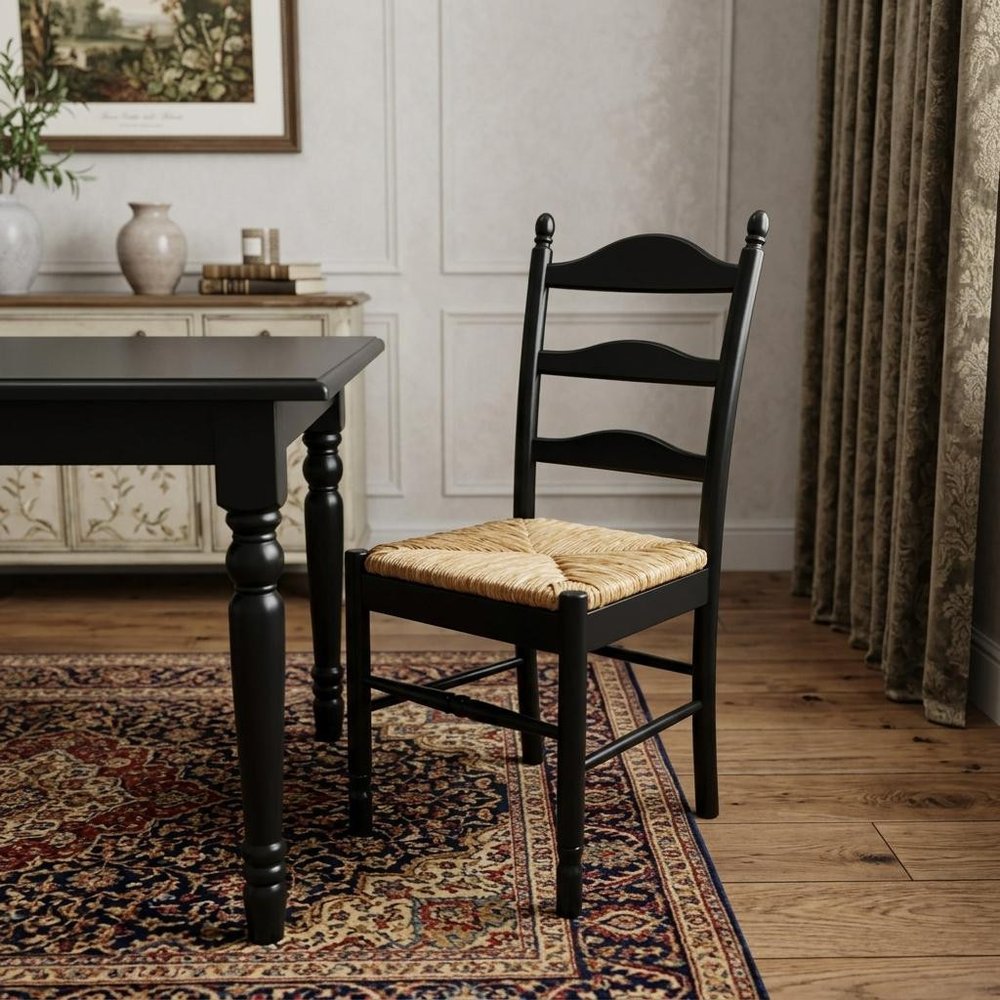 Straw and Black Solid Wood and Rush Ladder Back Dining Side Chair