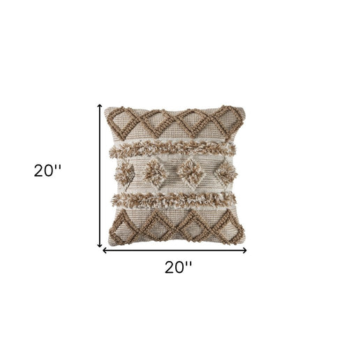 20" x 20" tan zippered geometric throw pillow with textured diamond and fringe details on a white background.
