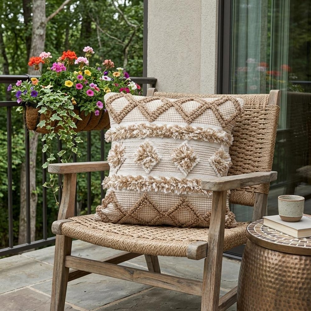 20" X 20" Tan Zippered Geometric Indoor Outdoor Throw Pillow shown outdoors on a patio with greenery in green fabric.
