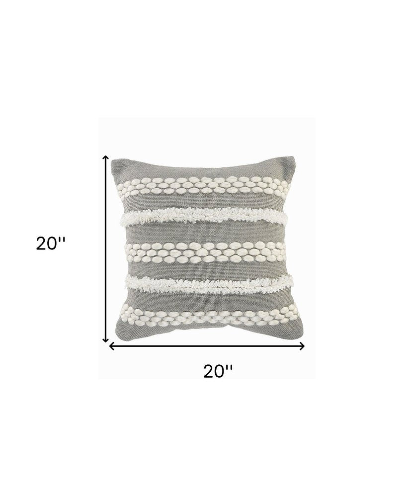 20" Gray and White Geometric Indoor Outdoor Throw Pillow With Texture. Outdoor pillow isolated on a plain white background, finished in white fabric.