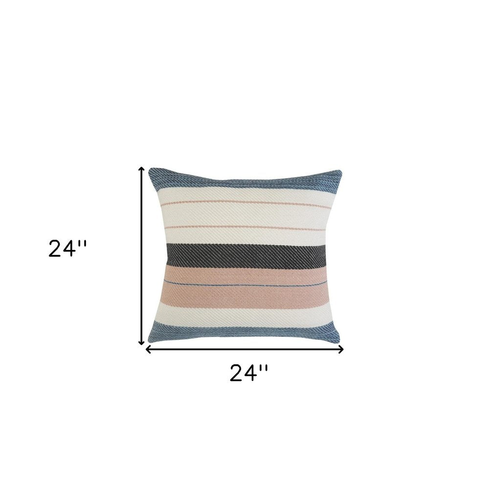 24" X 24" White Zippered Striped Indoor Outdoor Throw Pillow. Outdoor pillow isolated on a plain white background, finished in white fabric.