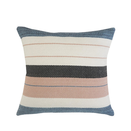 A white, blue, and pink striped throw pillow with a zipper closure on a white background.
