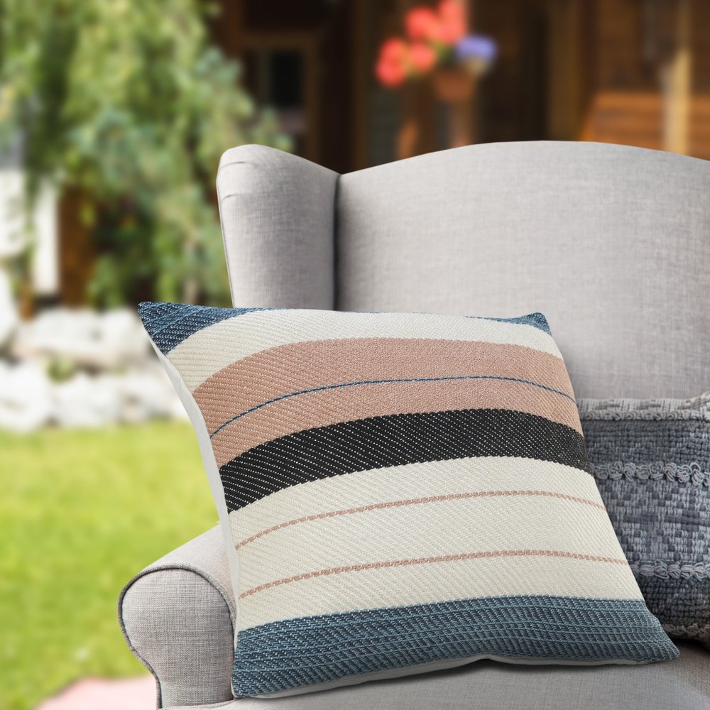 24" X 24" White Zippered Striped Indoor Outdoor Throw Pillow. Outdoor pillow in white fabric.