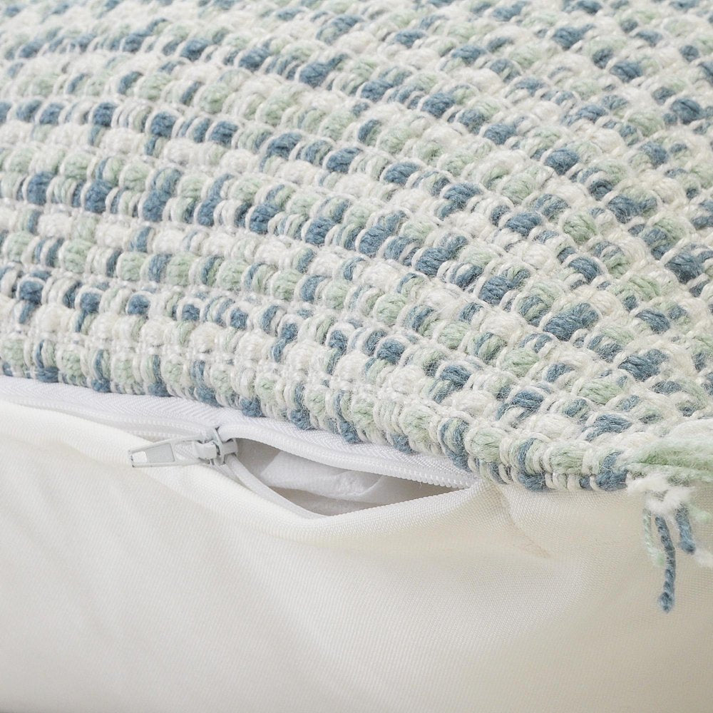 24" X 24" Blue Zippered Coastal Indoor Outdoor Throw Pillow. Outdoor pillow isolated on a plain white background, showing a fabric surface.