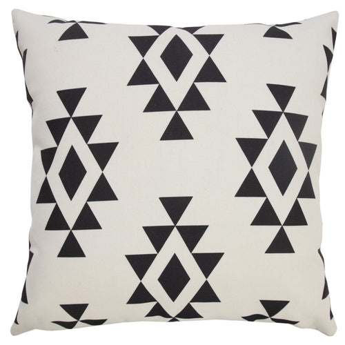 A square throw pillow with a black and white geometric Southwestern pattern.