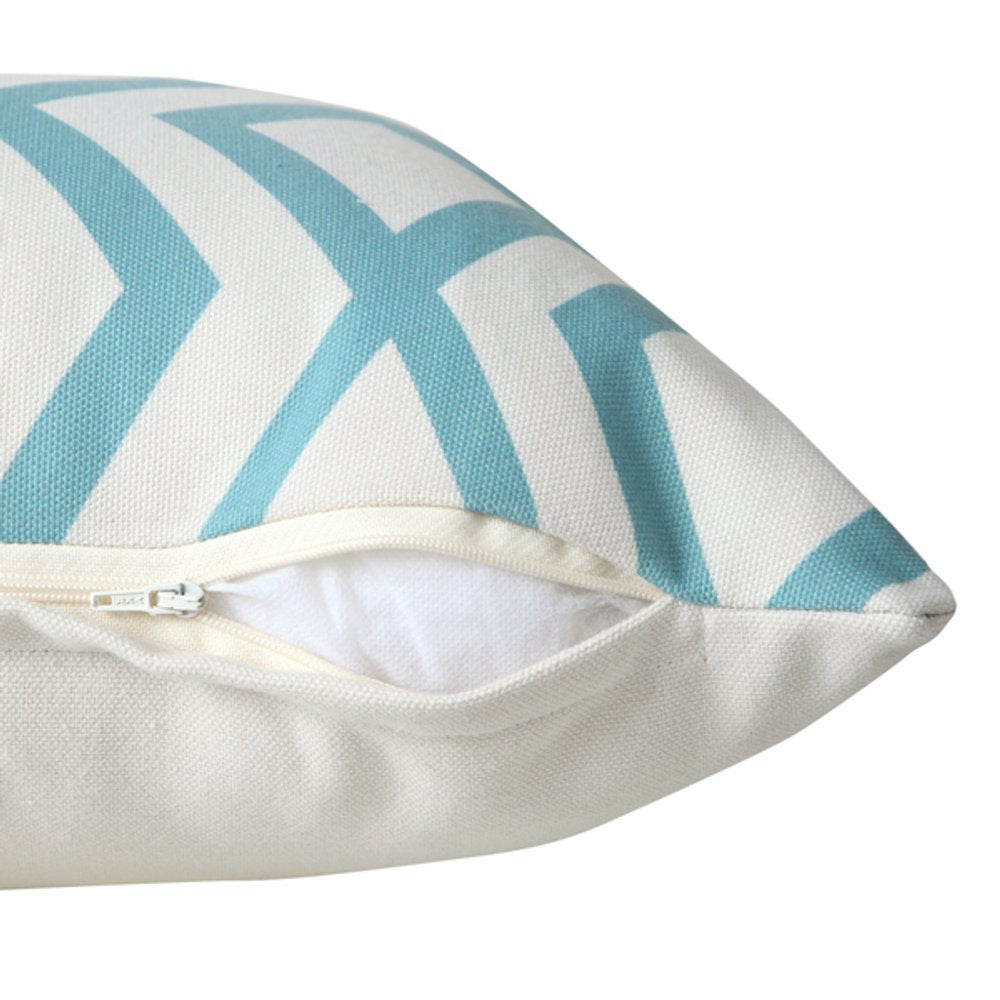 20" Aqua and White Geometric Indoor Outdoor Throw Pillow. Outdoor pillow isolated on a plain white background, showing its white color.