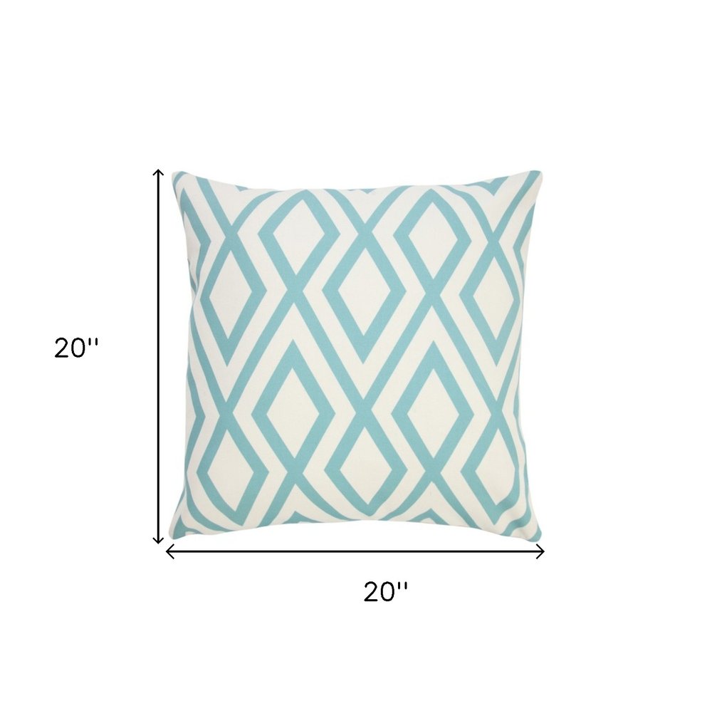 20" Aqua and White Geometric Indoor Outdoor Throw Pillow. Outdoor pillow isolated on a plain white background, in a white finish.