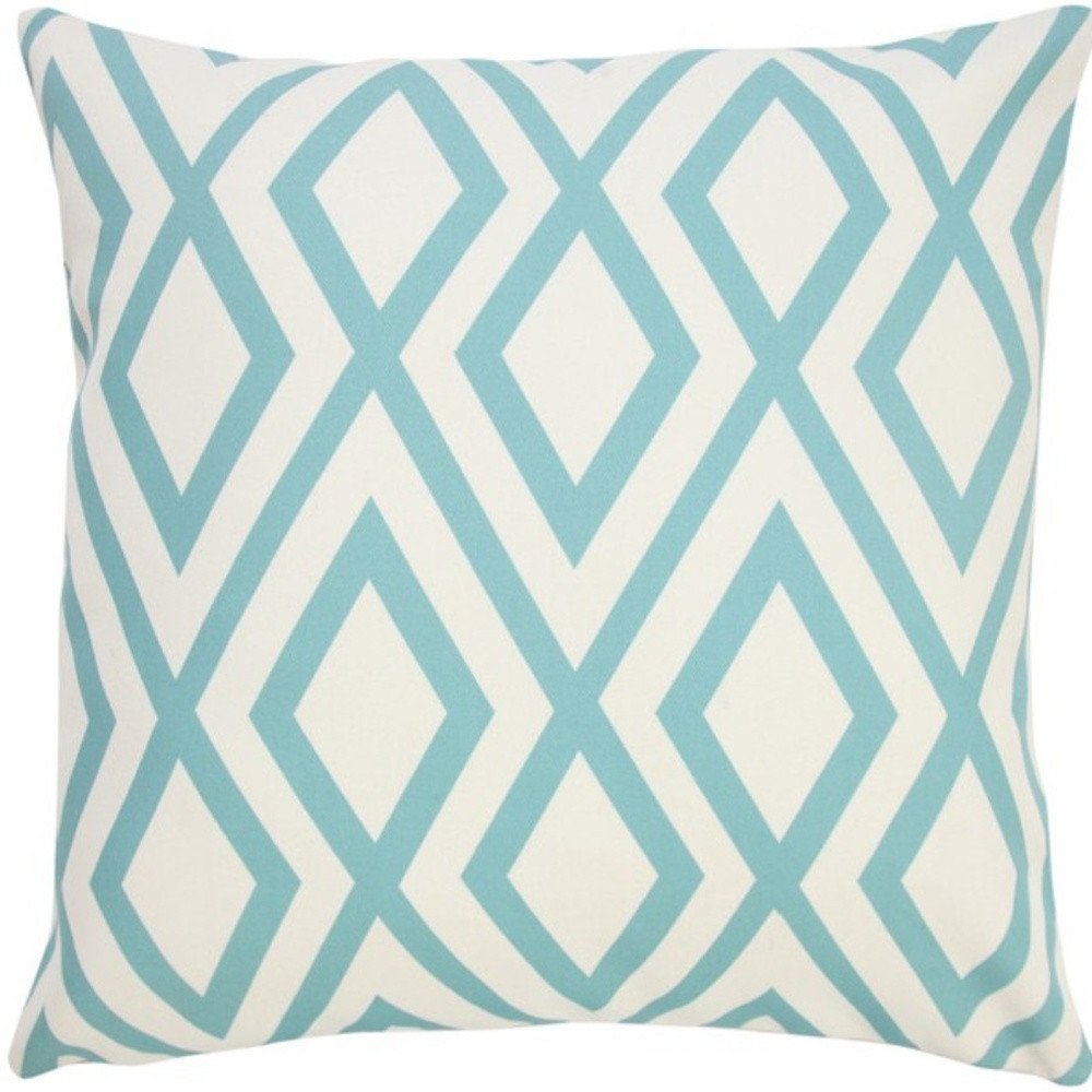 20" Aqua and White Geometric Indoor Outdoor Throw Pillow. Outdoor pillow isolated on a plain white background, in a white finish.