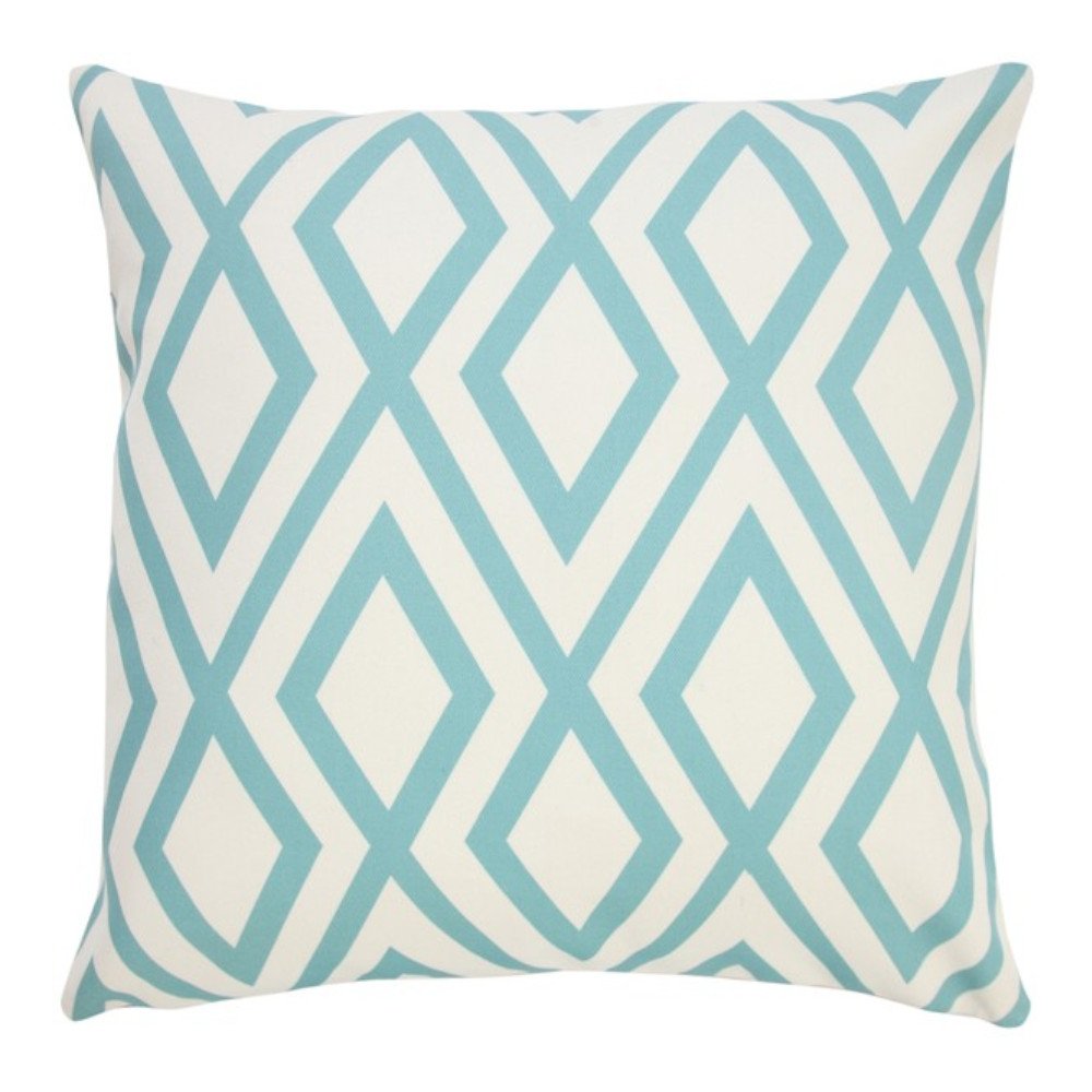 20" Aqua and White Geometric Indoor Outdoor Throw Pillow. Outdoor pillow isolated on a plain white background, showing its white color.