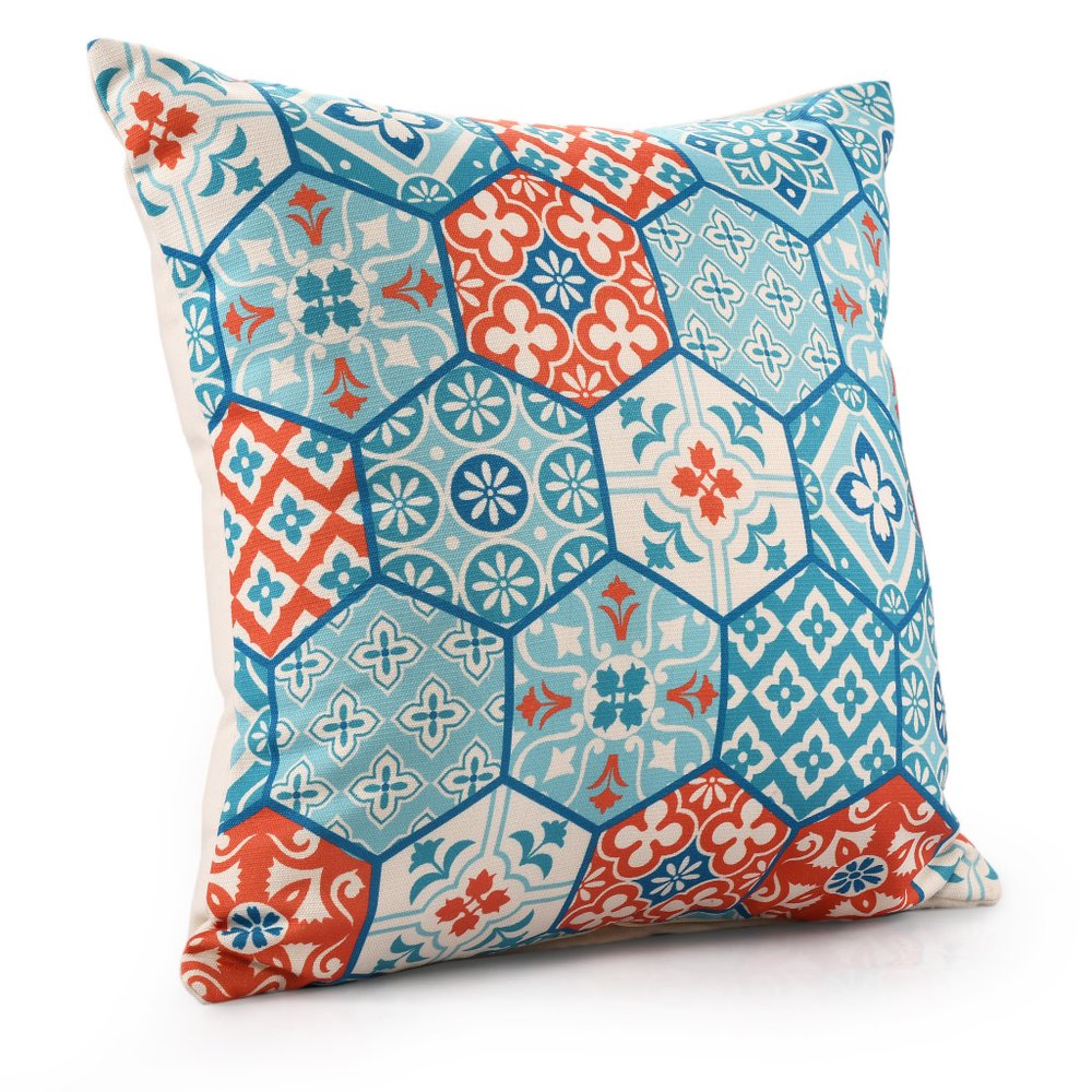 20" X 20" Blue Zippered Patchwork Indoor Outdoor Throw Pillow. Outdoor pillow isolated on a plain white background, in a blue fabric finish.