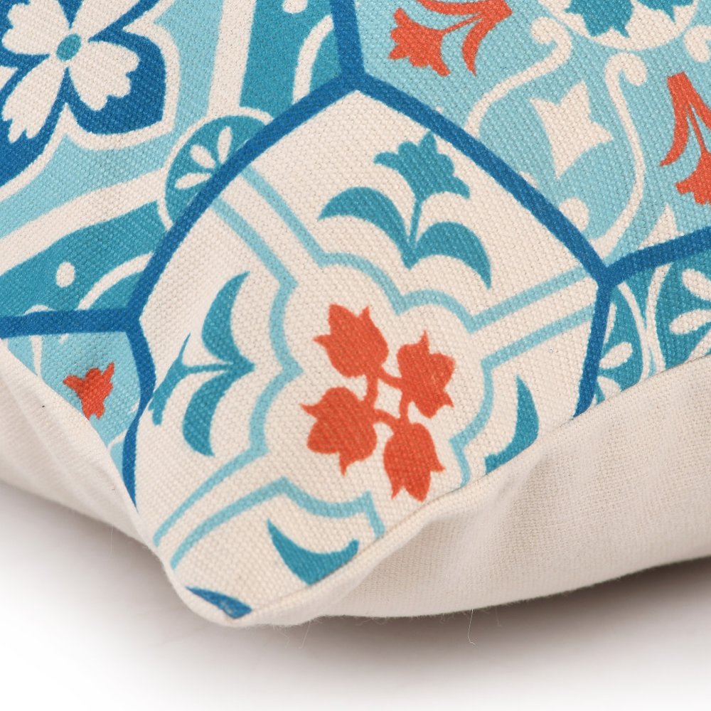 Close-up of 20" X 20" Blue Zippered Patchwork Indoor Outdoor Throw Pillow showing blue fabric detail.