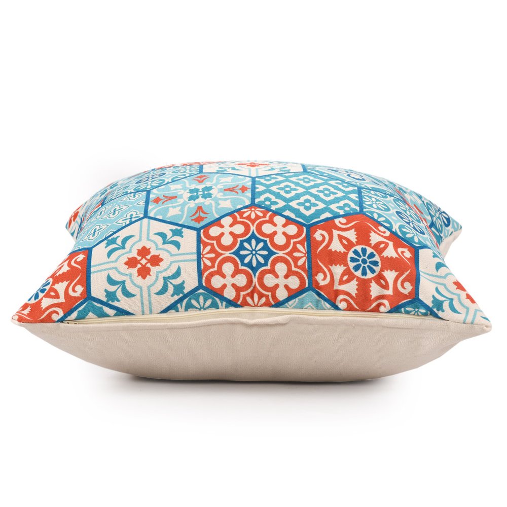 20" X 20" Blue Zippered Patchwork Indoor Outdoor Throw Pillow. Outdoor pillow isolated on a plain white background, showing a blue fabric surface.