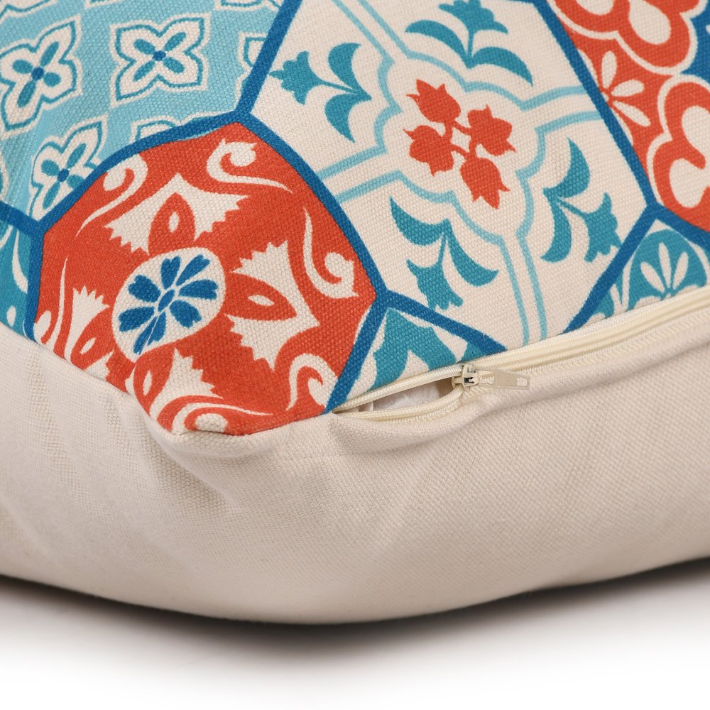 Cropped view of 20" X 20" Blue Zippered Patchwork Indoor Outdoor Throw Pillow focusing on the blue fabric surface.