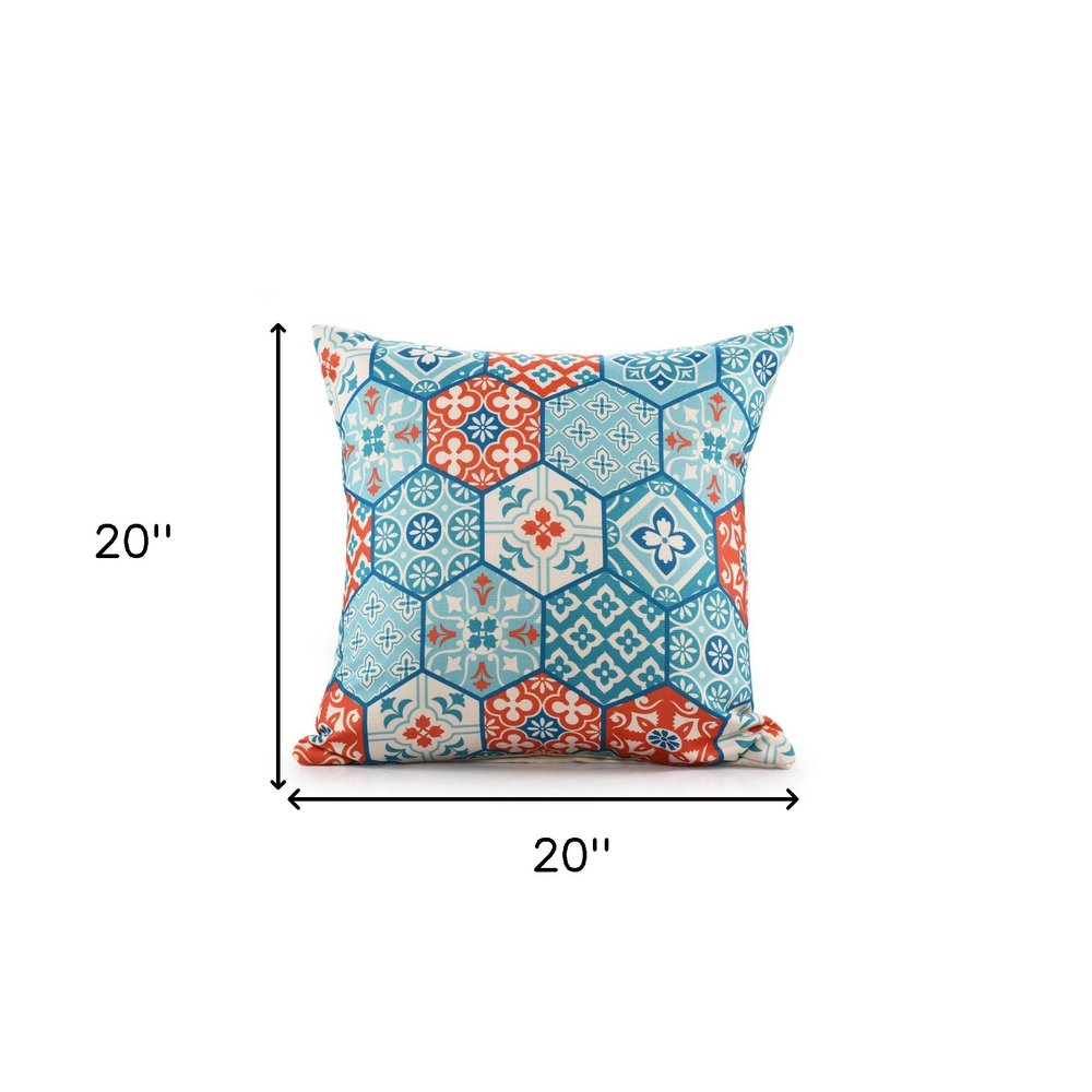 20" X 20" Blue Zippered Patchwork Indoor Outdoor Throw Pillow. Outdoor pillow isolated on a plain white background, in a blue fabric finish.