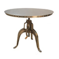 Adjustable Height Antiqued Nickel Three Leg Base Round Top Dining Table on a white background